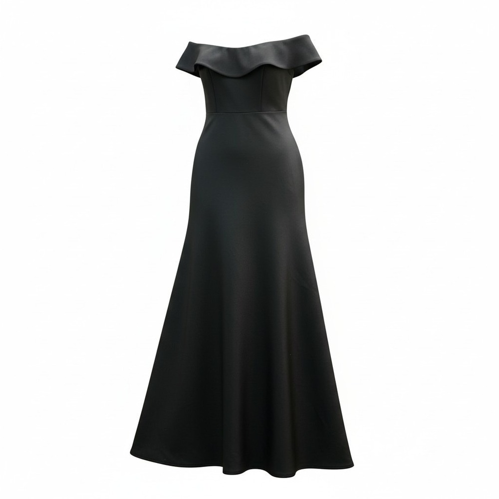 Betsy & Adam Gown Women 12 Black Excellent Off-Shoulder Ruffle Back Maxi Dress - Picture 2 of 10